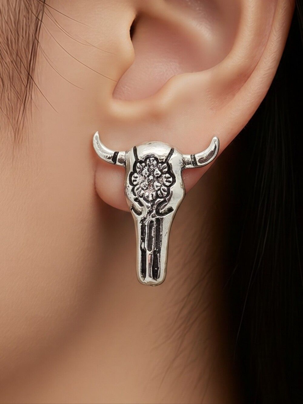 Longhorn Turquoise Western Steer Skull Earrings Silver Southwestern Boho Jewelry
